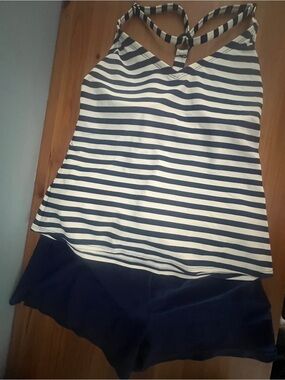 Kona Sol Navy and White Striped Tankini Set - small top and xsmall bottom